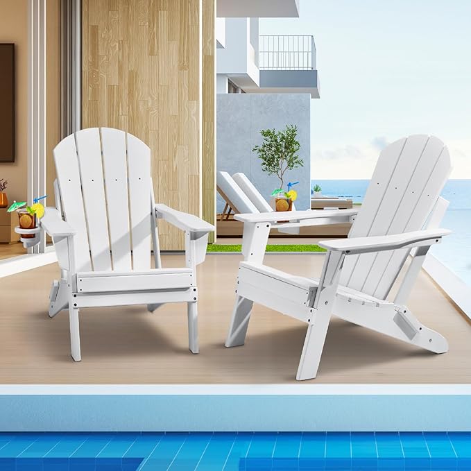 VEVOR Folding Adirondack Chairs Set of 2 with Cup Holder, All-Weather Portable Plastic Fire Pit Chair, Outdoor Adirondack Patio Chair, with Relaxing Arm Rest Ergonomic, for Garden, Backyard, White