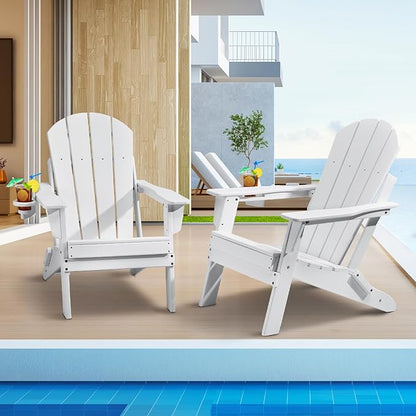 VEVOR Folding Adirondack Chairs Set of 2 with Cup Holder, All-Weather Portable Plastic Fire Pit Chair, Outdoor Adirondack Patio Chair, with Relaxing Arm Rest Ergonomic, for Garden, Backyard, White