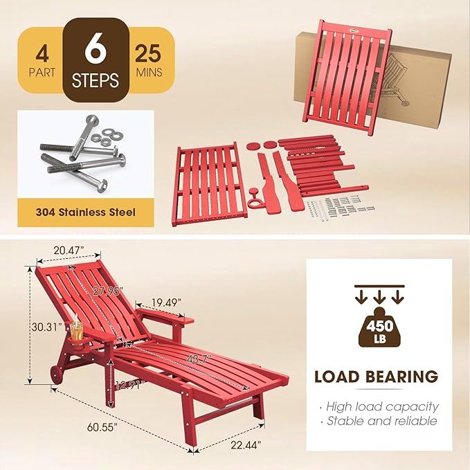 THOEOE Patio Chaise Lounge Chair Set of 4, Oversized Lounge Chair Outdoor with 5 Positions, HDPE, Patio Lounge Chair with Wheels & Cup Holder for Pool, Deck, Poolside,Red