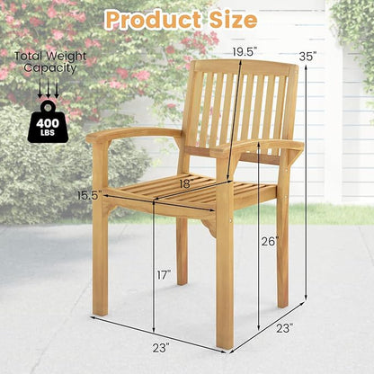 Tangkula Outdoor Patio Wood Dining Chair, Teak Wood Armchair with Slatted Seat & Curved Seat, Ergonomic Armrests, Solid Wooden Legs, for Balcony, Poolside, Porch, Yard (1)