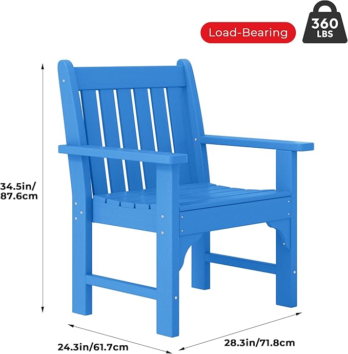 Costaelm Outdoor Dining Arm Chair, Patio HDPE Garden Dining Table Chair, Poly Lumber Waterproof Restaurant Bistro Farmhouse Chairs for Outside Porch Backyard, Pacific Blue