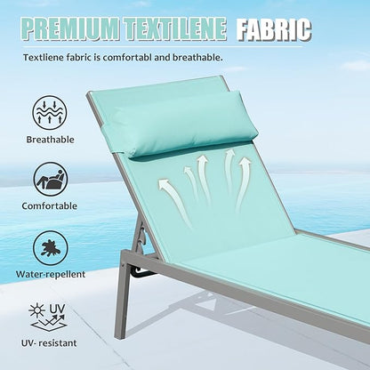 Domi Patio Chaise Lounge Set of 3, Aluminum Pool Lounge Chairs with Side Table, Outdoor Adjustable Recliner All Weather for Poolside, Beach, Yard, Balcony (Turquoise Blue)