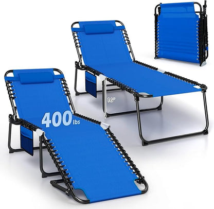 Giantex 2-Pack Lounge Chair Outdoor, Folding Tanning Chair with 4 Adjustable Positions, Removable Headrest, Footrest, Side Pocket, 440 Lbs Portable Recliner for Lawn, Yard, Beach, Sunbathing, Navy