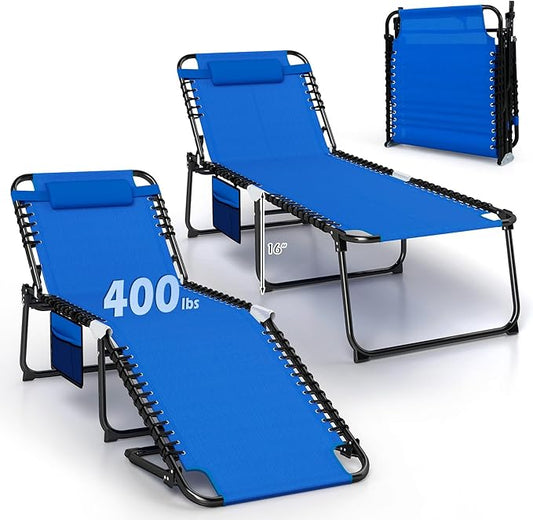 Giantex 2-Pack Lounge Chair Outdoor, Folding Tanning Chair with 4 Adjustable Positions, Removable Headrest, Footrest, Side Pocket, 440 Lbs Portable Recliner for Lawn, Yard, Beach, Sunbathing, Navy
