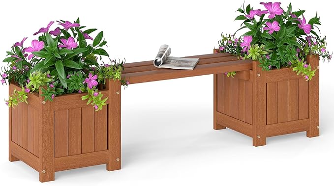 HAPPYGRILL Outdoor Bench with 2 Raised Garden Beds, 2-in-1 Outdoor Planter Box with Teak Oil Finish, Open-Ended Base, Wooden Garden Bench for Flowerpots, Indoor Patio Yard Porch Decoration (1)
