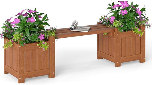 HAPPYGRILL Outdoor Bench with 2 Raised Garden Beds, 2-in-1 Outdoor Planter Box with Teak Oil Finish, Open-Ended Base, Wooden Garden Bench for Flowerpots, Indoor Patio Yard Porch Decoration (1)