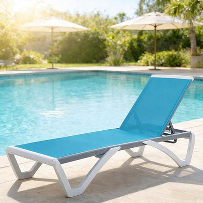Kozyard Outdoor Chaise Lounge Chair, Full Flat Adjustable Patio Lounger with Aluminum Frame & Resin Legs, Textilene Fabric for Poolside, Backyard & Beach (Aqua/WhiteFrame, Chair Without Table)