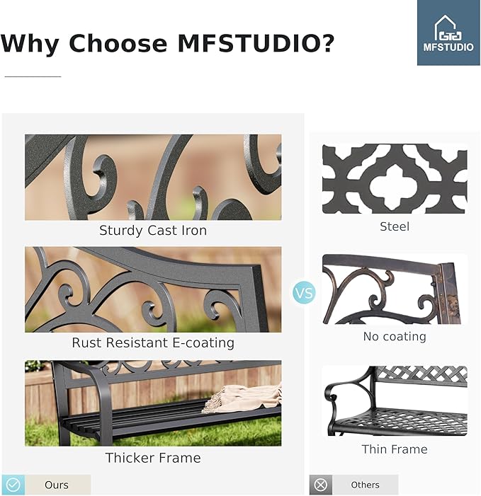 MFSTUDIO Outdoor Metal Bench Set of 2, Garden Patio 43.7 Inches Cast Iron Metal Frame Park Outside Benches with Floral Pattern Backrest for Front Porch, Black, Camelback