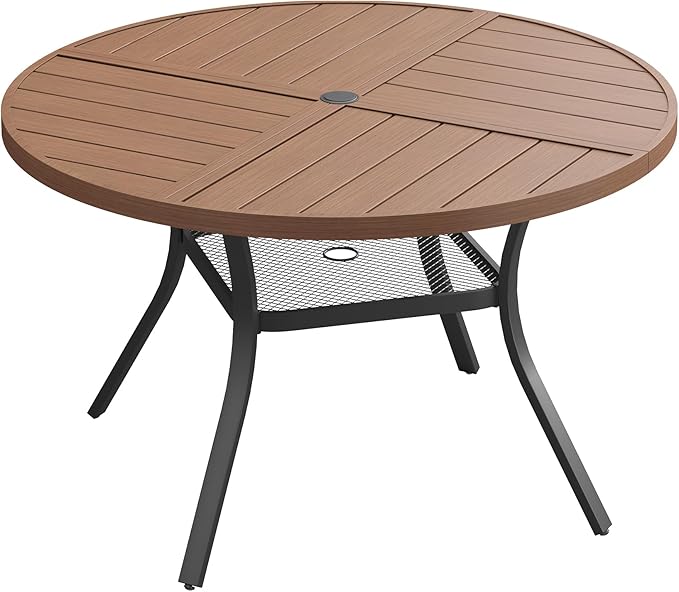 Patio Dining Table for 4, Round Metal Outdoor Table with Storage Shelf, 1.57" Umbrella Hole, 41" Outdoor Quartered Tabletop Dining Table for Backyard, Porch, Lawn, Walnut