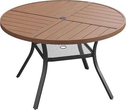 Patio Dining Table for 4, Round Metal Outdoor Table with Storage Shelf, 1.57" Umbrella Hole, 41" Outdoor Quartered Tabletop Dining Table for Backyard, Porch, Lawn, Walnut