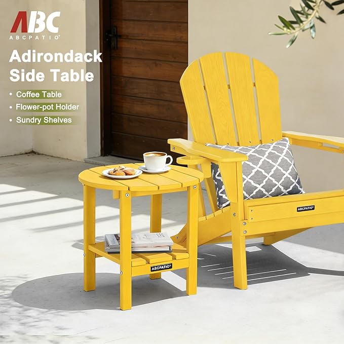 Outdoor Side Table Round - Patio Side Tables - HDPE Small Outdoor End Table for Backyard Pool Porch Balcony - Double Layer Storage - Yellow (Wood Grain Finish)