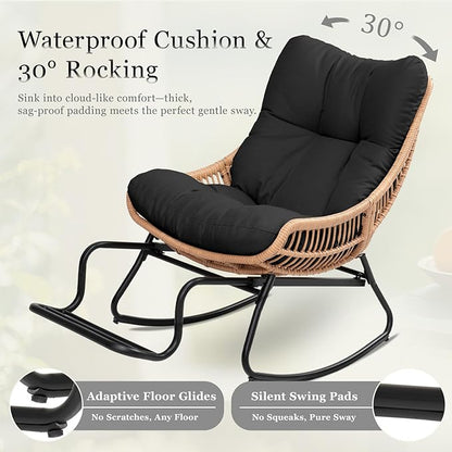 Outdoor Papasan Rocking Chair with Adjustable Footrest, Comfy Outdoor Lounge Chairs Heavy Duty Oversized Rocking Egg Chair Perfect for Patio Deck Garden and Indoor Use