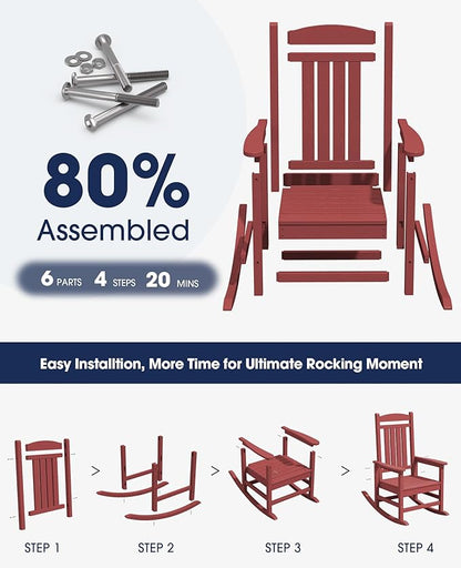 KINGYES Outdoor Rocking Chair Set of 2, HDPE Patio Rocking Chairs with 330lbs Support for Adults, Dark Red