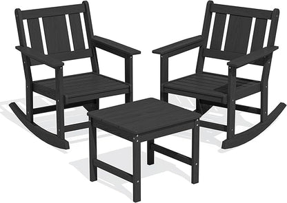 SERWALL Outdoor Rocking Chair Set of 2 with Side Table, All-Weather HDPE 3 Piece Patio Furniture Set, Outdoor Bistro Set with Pre-Drilled Umbrella Hole for Porch Deck Lawn Balcony, Black