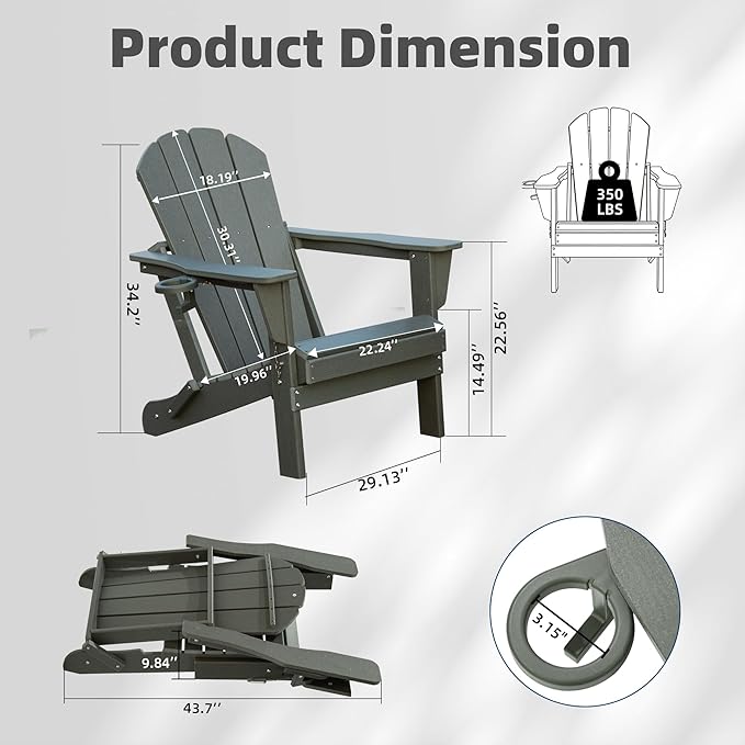 Domi Folding Adirondack Chairs Set of 4, HDPE All-Weather Outdoor Chairs with Cup Holder, Wooden Textured Fire Pit Chairs for Backyard, Patio, Poolside & Deck, Grey
