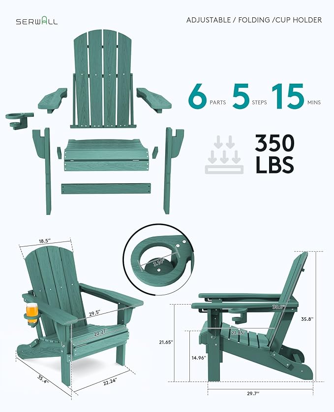 SERWALL Folding Adirondack Chair Set of 2, Adjustable Adirondack Chair with 3 Recline Positions, All Weather HDPE Outdoor Adirondack with Cup Holders, Light Green