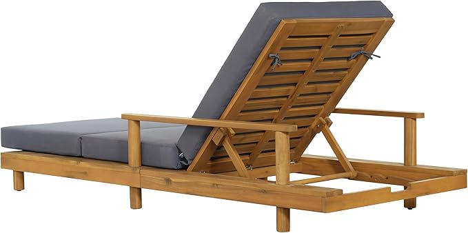 Christopher Knight Home Tuki Acacia Wood Chaise Lounge Chair Outdoor, Poolside Sun Lounger Recliner, Outdoor Chaise Lounge with 3-Fold Cushions, Adjustable Backrest Single Lounge Sofa, Dark Grey+Teak
