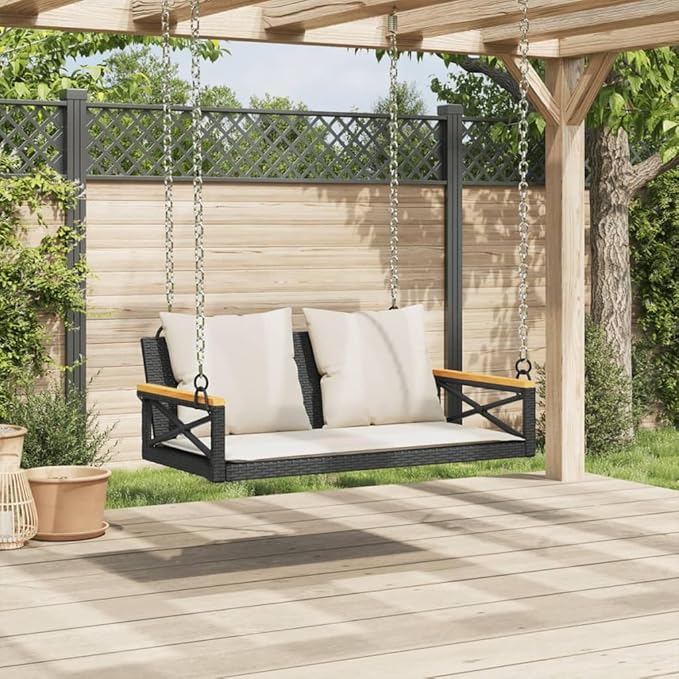 Outdoor Swing Bench with Removable Cushions, Black and Cream White Poly Rattan Patio Furniture for Garden, Balcony - Photo 3