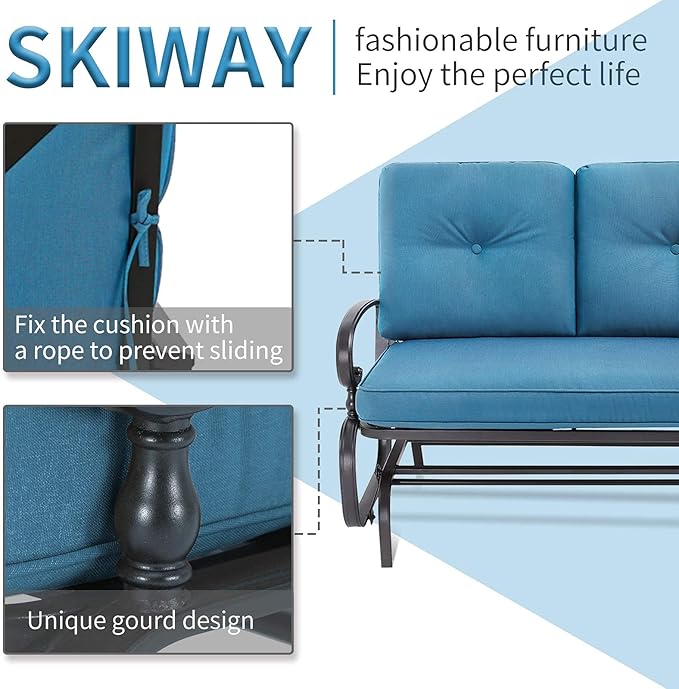 Patio Bench, Porch Glider Outdoor Swing Glider Rocking Loveseat, Steel Frame Chair with Thick Cushion (Peacock Blue) - Photo 4