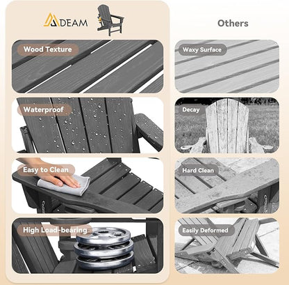 Mdeam 3-Level Adjustable Adirondack Chair, Wooden Textured, HDPE All-Weather Folding Fire Pit Chair with Cup Holder, Outdoor Chair for Poolside Deck Patio Garden Backyard Lawn Campfire - Grey