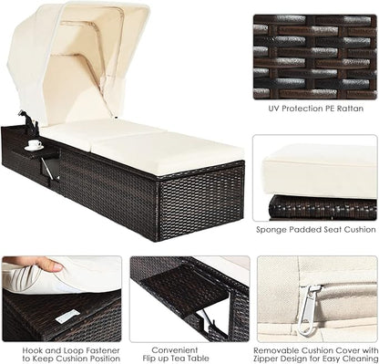 RELAX4LIFE Rattan Chaise Lounge Chair - PE Wicker Reclining Lounger with 5-Position Adjustable Backrest, Retractable Canopy, Side Table & Cushions, Sun Lounger for Garden, Porch & Beach (2, White)