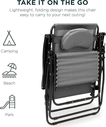 Best Choice Products Oversized Zero Gravity Chair, Folding Outdoor Patio Lounge Recliner w/Cup Holder Accessory Tray, Pillow - Gray