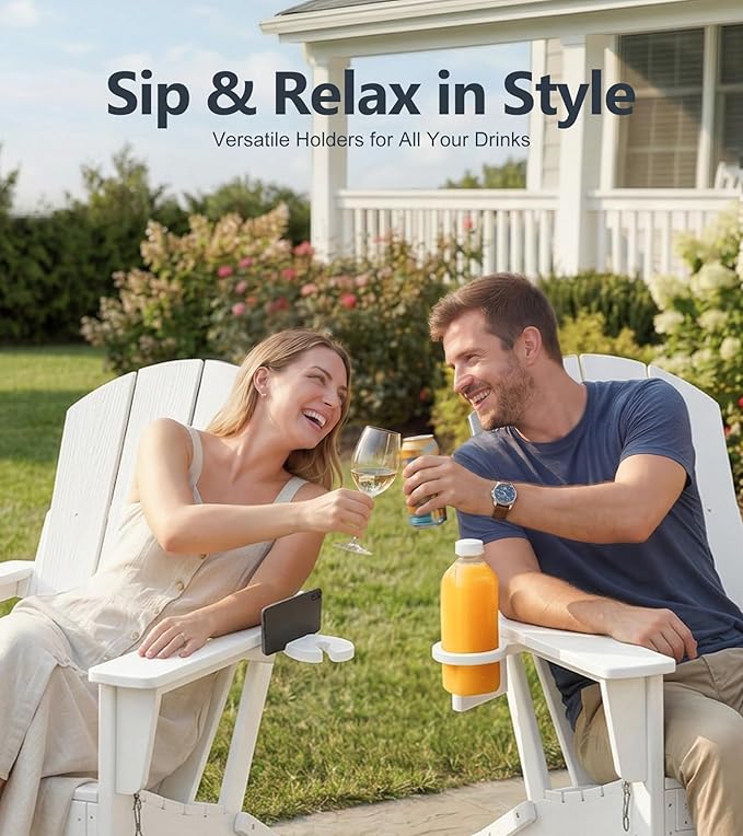 PASAMIC Adirondack Rocking Chairs Set of 2, Foldable All-Weather HDPE Patio Rockers with Retractable Ottoman & Cup Holder, Outdoor Chairs for Porch Backyard Pool Garden Balcony, White