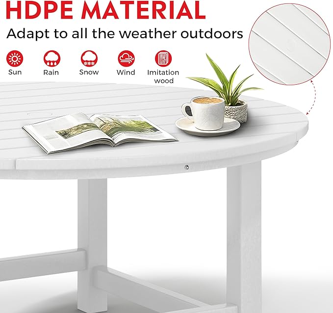 Costaelm Patio Conversation Table, Tatio Accent Tables, HDPE Outdoor Weather Resistant, Round Outdoor Porch Balcony Patio Drink Table for Outside, Pool, Backyard, White