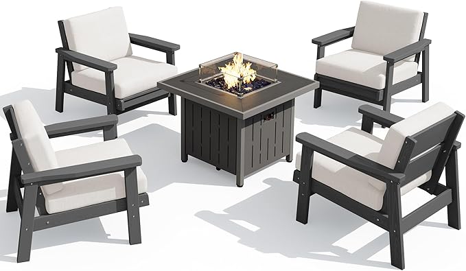 SERWALL Patio Furniture Set with 33” Fire Pit Table, HDPE Outdoor Sectional Sofa Set with Thickened Cushions - Photo 1