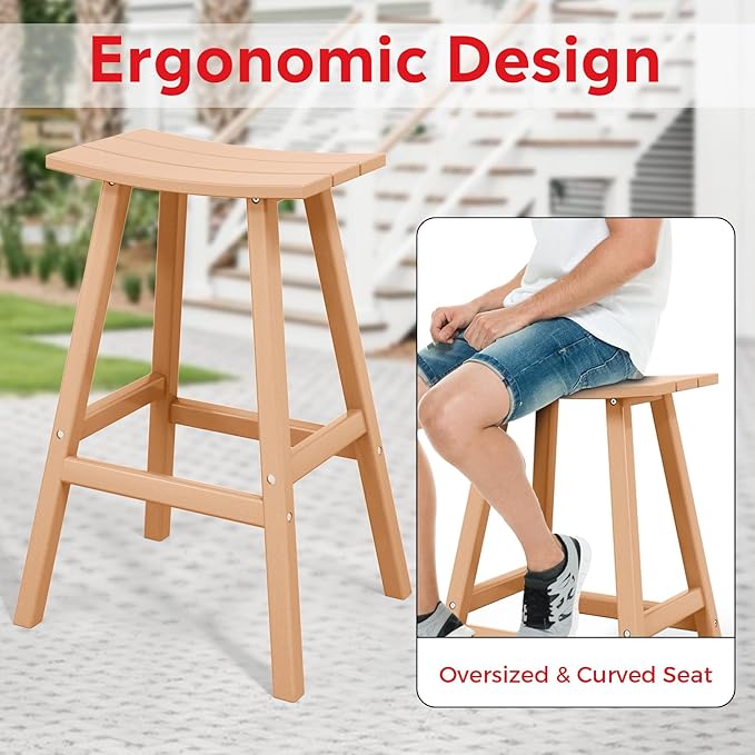 Costaelm All-Weather Bar Stools Set of 3, 29" Height Outdoor Bar Stools, Adirondack Poly Patio Bar Stool for Patio, Deck, Kitchen Counter and Garden, Teak