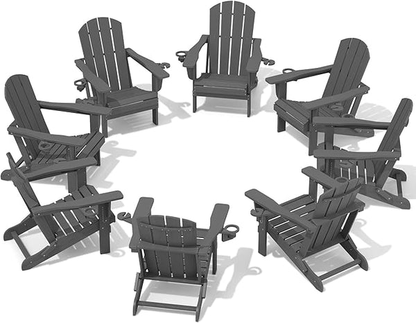 SERWALL Foldable Adirondack Chair Set of 8, Oversized HDPE Adirondack Chair with Wood-Texture-Gray - Photo 1