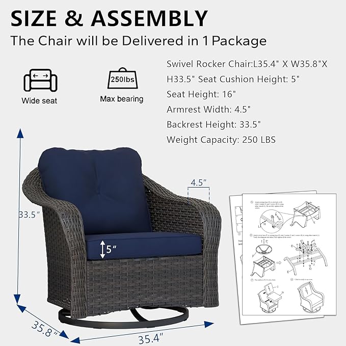 Wicker Swivel Rocking Chairs - Outdoor Brown Wicker Swivel Glider Chair Outdoor Rocking Chair with Water-Resistant Cushions, Blue