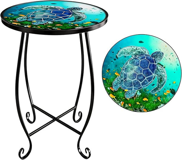 15 Inch Tall Outdoor Patio Table, Foldable Metal Turtle Table with Mosaic Design - Photo 1