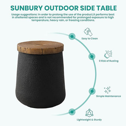 SUNBURY Small Outdoor Side Table, 13" W Black Outdoor End Tables for Patio, Accent Side Table, Garden Stool Wooden-Look Top Concrete for Livingroom Bedroom, Garden, Backyard