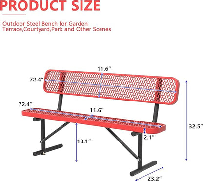 Park Benches for Outside - 72" Outdoor Metal Street Bench Heavy-Duty Steel Weatherproof Portable Garden Bench, Commercial Benches for Patio, Soccer, Park, Shopping Malls, Decks, Sports