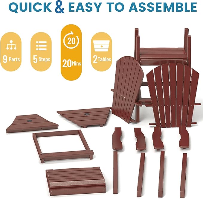 FOOWIN Tall Adirondack Chair Set of 8, All Weather HDPE Bar Height Adirondack Chair with Double Connecting Trays, Adirondack Barstools for Balcony, Deck, Backyard, Patio, Garden Brown