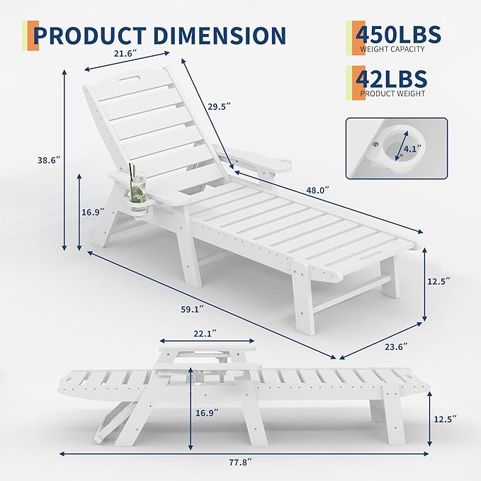 HDPE 5-Position Outdoor Chaise Lounge Chair with Cup Holder, Resin Pool Lounge Chair for Outside - Photo 2