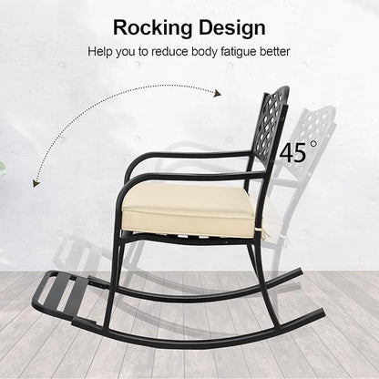 Metal Rocking Chair with Cushion, Outdoor Rocking Bench Wrought Iron Patio Rocking Chair with Footrest for Outside, Garden (Hole Backrest)