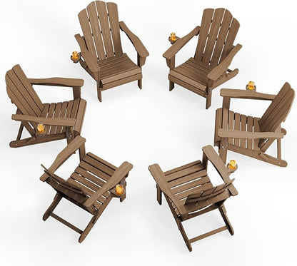 KINGYES Folding Adirondack Chair Set of 8, HDPE All-Weather Patio Chairs with Cup Holder, Wooden Textured Fire Pit Chairs for Poolside, Backyard, Deck, Brown