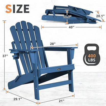 FUNBERRY Folding Adirondack Chairs Set of 2, All Weather HDPE Wood Texture Fire Pit Chairs with Cup Holder for Outdoor