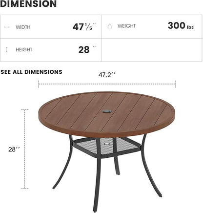 Patio Dining Table for 4-6, Round Metal Outdoor Table with 1.57" Umbrella Hole, 47" Outdoor Slat Tabletop Dining Table for Backyard, Porch, Lawn, Walnut
