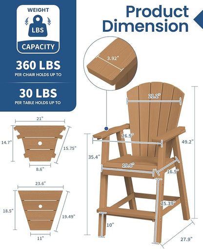 Ciokea Tall Adirondack Chairs Set of 2, HDPE Outdoor High Adirondack Chair with Double Connecting Tray, Weather Resistant Balcony Chairs for Deck, Lawn, Pool, Backyard, Teak