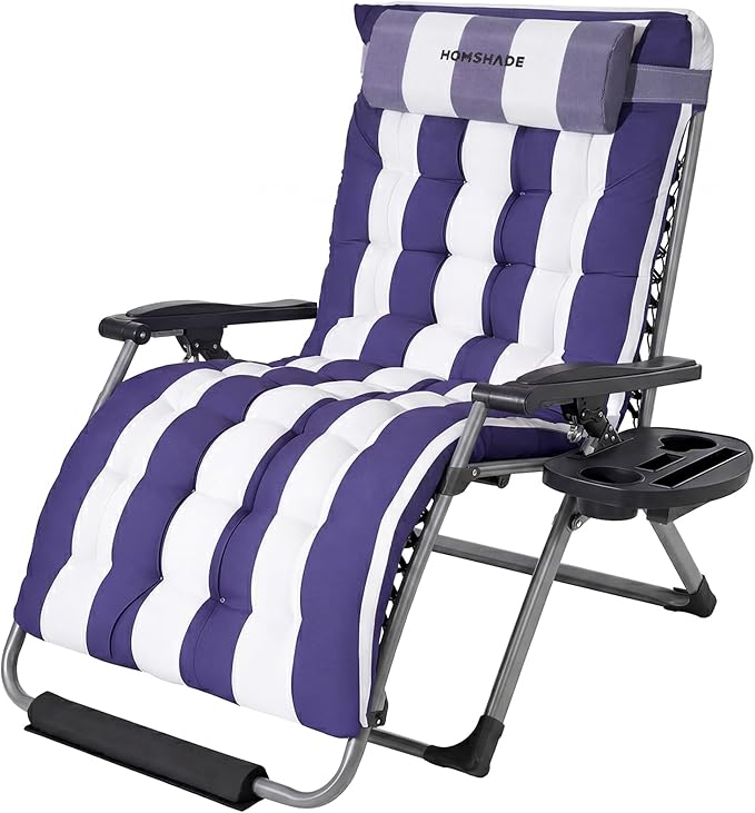 HOMSHADE XXL Zero Gravity Chair with Cushion, 33In Oversized Zero Gravity Lounge Chair, Patio Outdoor Recliner Chair for Indoor Outdoor with Headrest, Cup Holder, Footrest Support 500Lbs, Blue & White