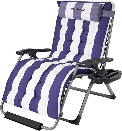 HOMSHADE XXL Zero Gravity Chair with Cushion, 33In Oversized Zero Gravity Lounge Chair, Patio Outdoor Recliner Chair for Indoor Outdoor with Headrest, Cup Holder, Footrest Support 500Lbs, Blue & White