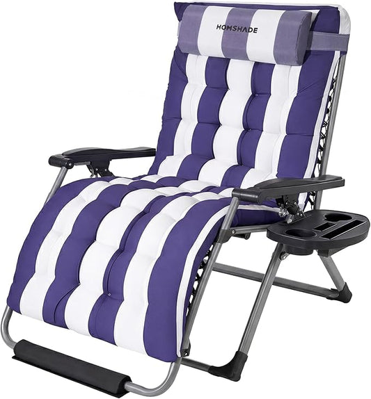 HOMSHADE XXL Zero Gravity Chair with Cushion, 33In Oversized Zero Gravity Lounge Chair, Patio Outdoor Recliner Chair for Indoor Outdoor with Headrest, Cup Holder, Footrest Support 500Lbs, Blue & White