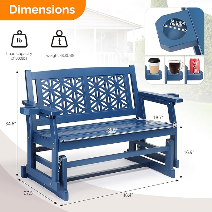 VINGLI Fir Wood Outdoor Glider with Floral Backrest, Wooden Patio Gliding Bench with Cup Holders, Smooth Rocking Chair for Garden, Yard & Porch (Blue, 4FT)