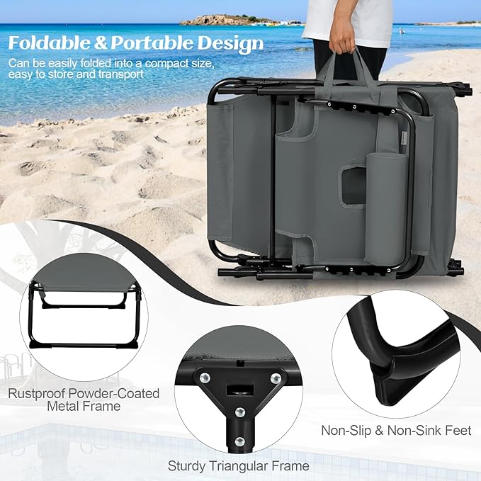 GYMAX Tanning Chair, Folding Lounger with Face/Arm Holes, Carry Handles & Side Pocket - Photo 6