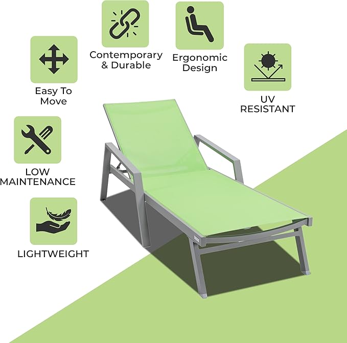 LeisureMod Marlin Patio Chaise Lounge Chair, Adjustable Outdoor Grey Aluminum Lounge with Breathable Mesh Sling Back, Lightweight Poolside Reclining Sun Lounger Weather & UV Resistant (Green)