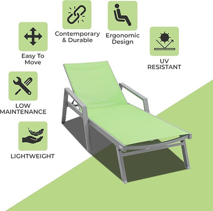 LeisureMod Marlin Patio Chaise Lounge Chair, Adjustable Outdoor Grey Aluminum Lounge with Breathable Mesh Sling Back, Lightweight Poolside Reclining Sun Lounger Weather & UV Resistant (Green)