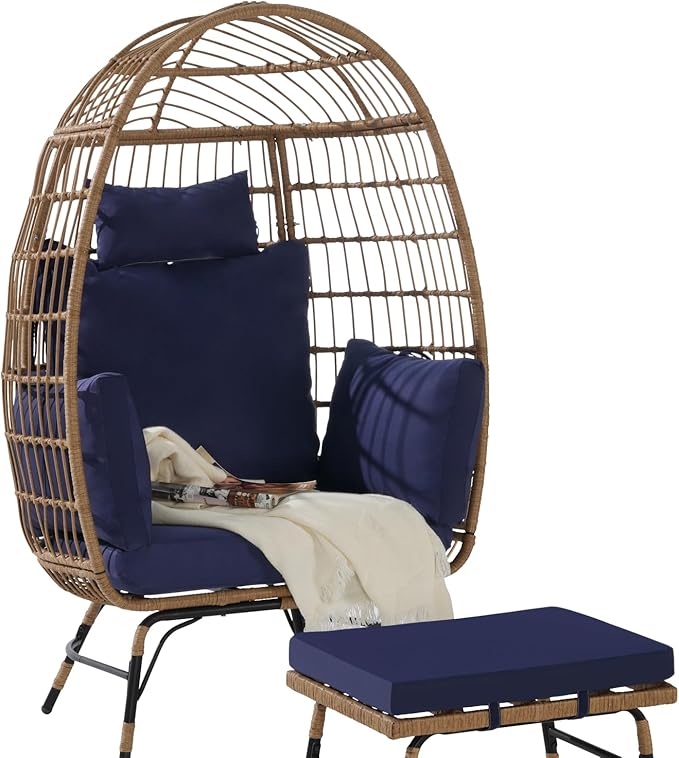 Oversized Wicker Egg Chair with Ottoman, Rattan Patio Egg Chair with Stand and Thick Cushions, Indoor Outdoor Lounge Chair for Backyard, Balcony, Living Room, Blue＋Ottoman